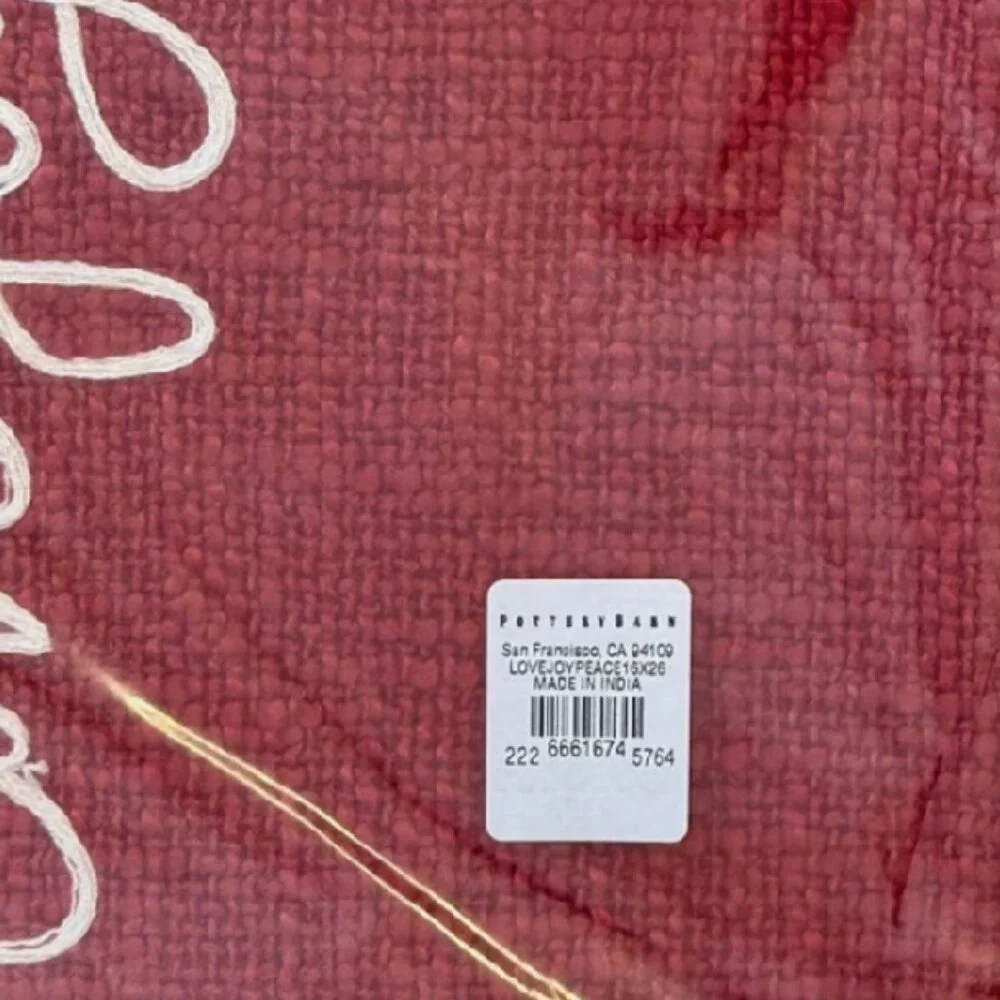 NEW Pottery Barn Love Joy Peace Embroidered Lumbar Pillow Cover | Cardinal Red